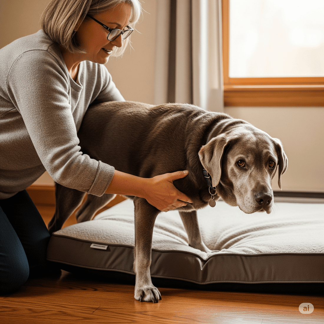Owner using a harsh brush on a dog's matted fur, causing discomfort.