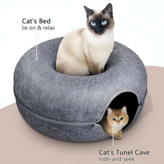 low-entry tunnel cat bed set up in warm, quiet indoor space