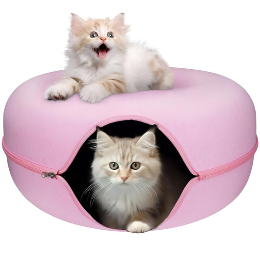 Cozy cat sleeping comfortably inside a soft, plush tunnel bed.