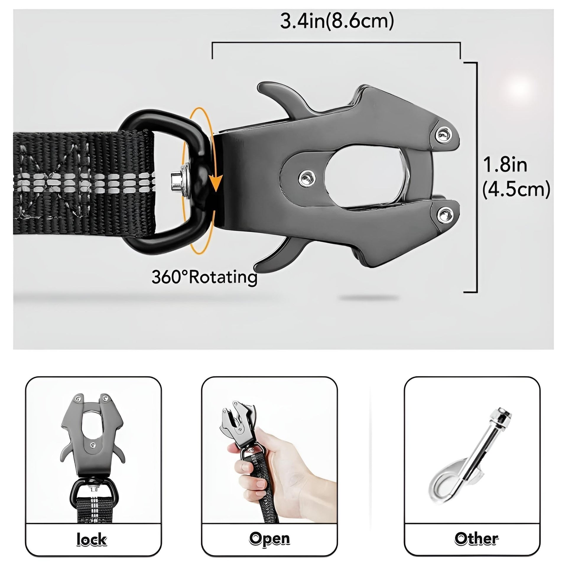 Black tactical dog leash frog clip can quickly release and lock while holding tight under the strong pull, 360°rotatable to prevent the dog leash from twisting and knotting
