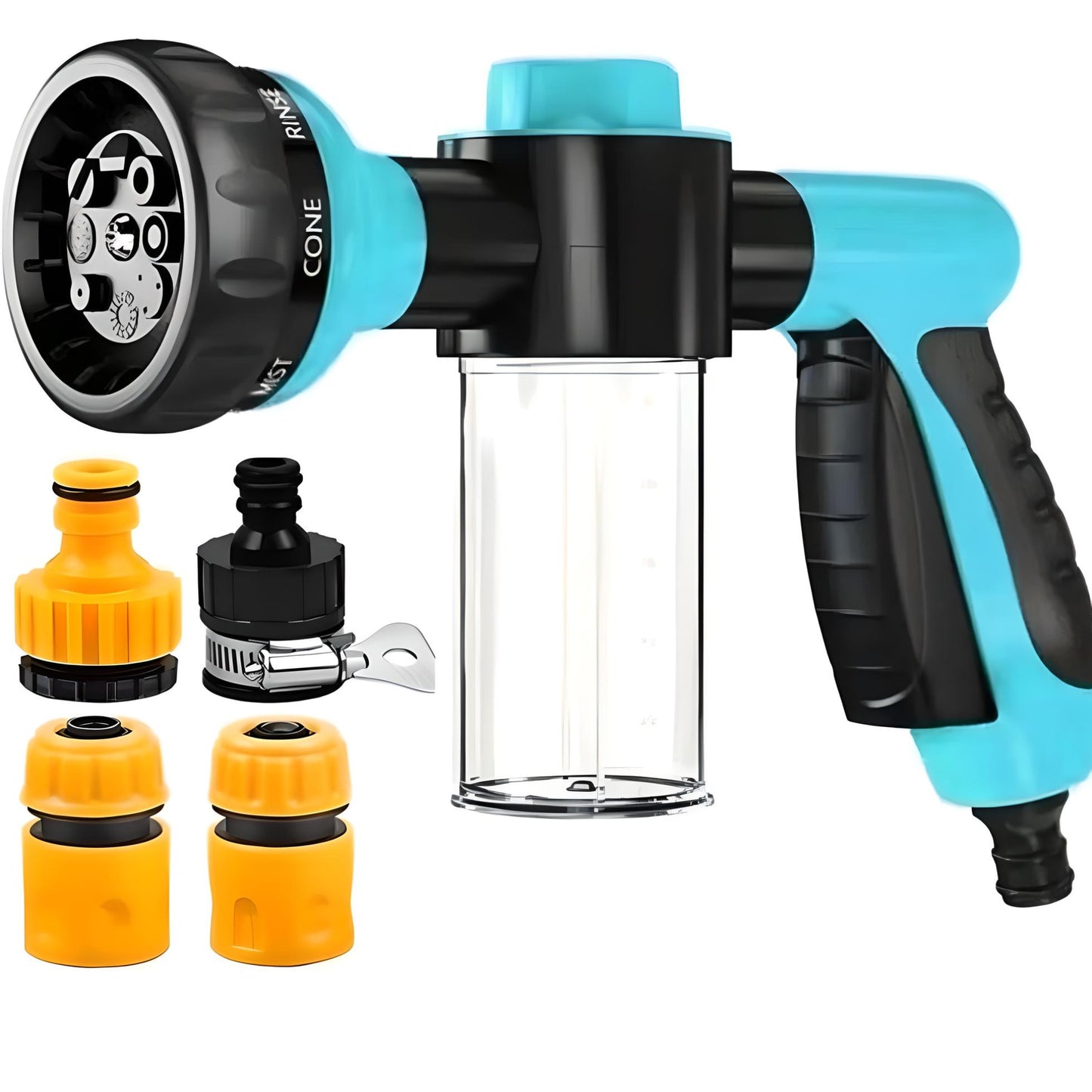Blue Pup Jet Dog Wash Hose Attachment with Soap Dispenser and 4 Pcs Connector
