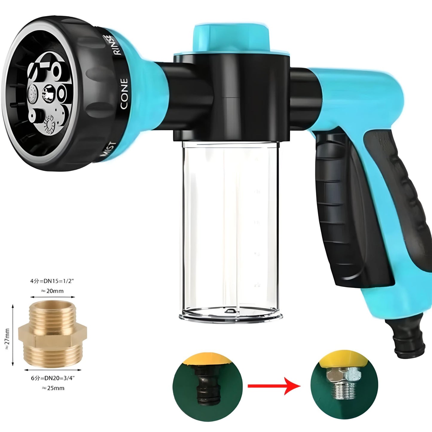 Blue Pup Jet Dog Wash Hose Attachment with Soap Dispenser and Shower Adapter