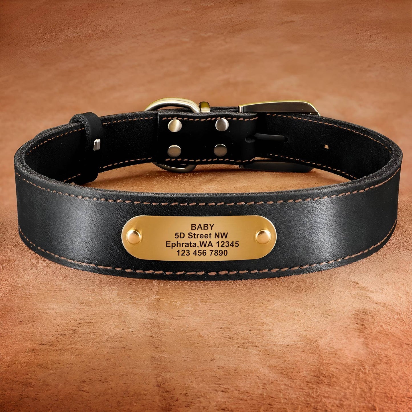 Custom Genuine Leather Dog Collar with name plate black