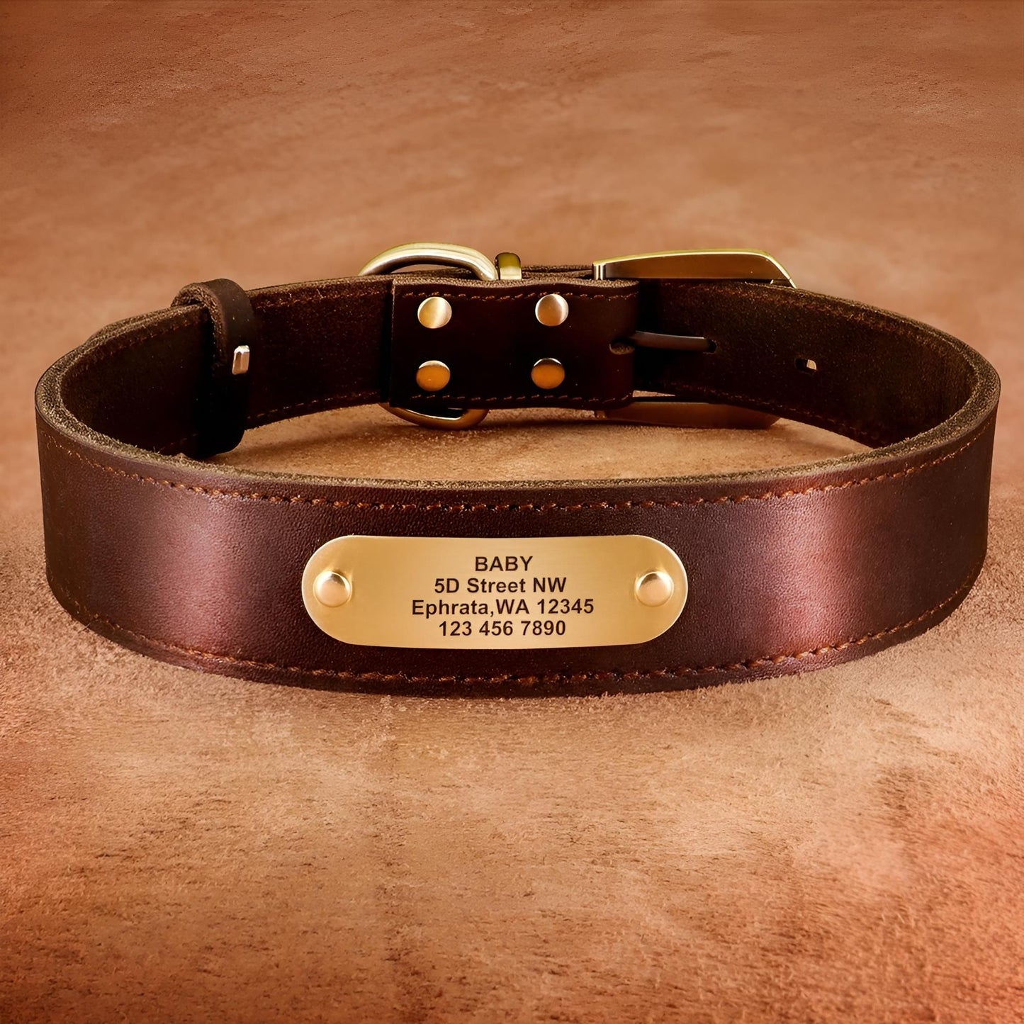 Custom Genuine Leather Dog Collar with name plate brown