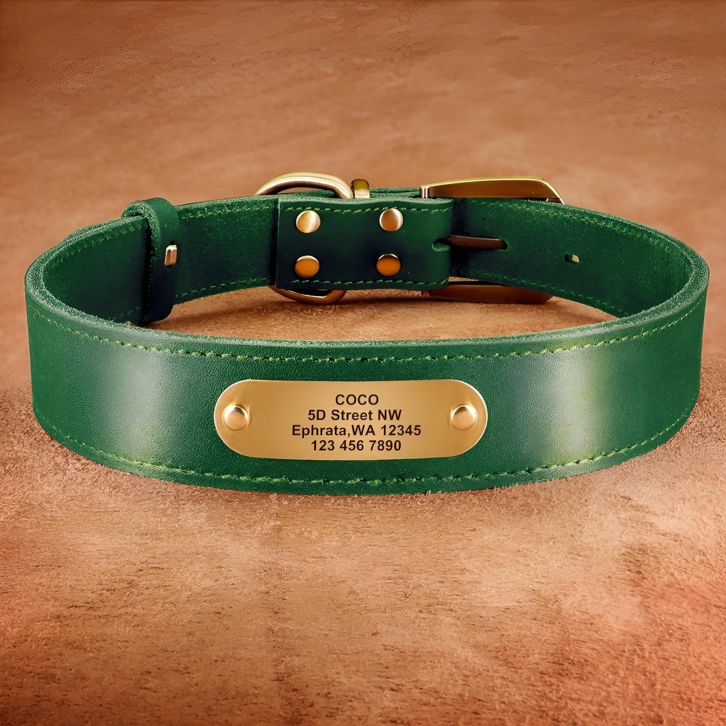 Custom Genuine Leather Dog Collar with name plate green
