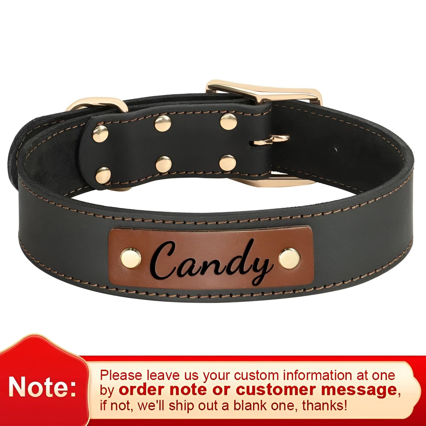 Genuine Leather Dog Collar and Tag Black