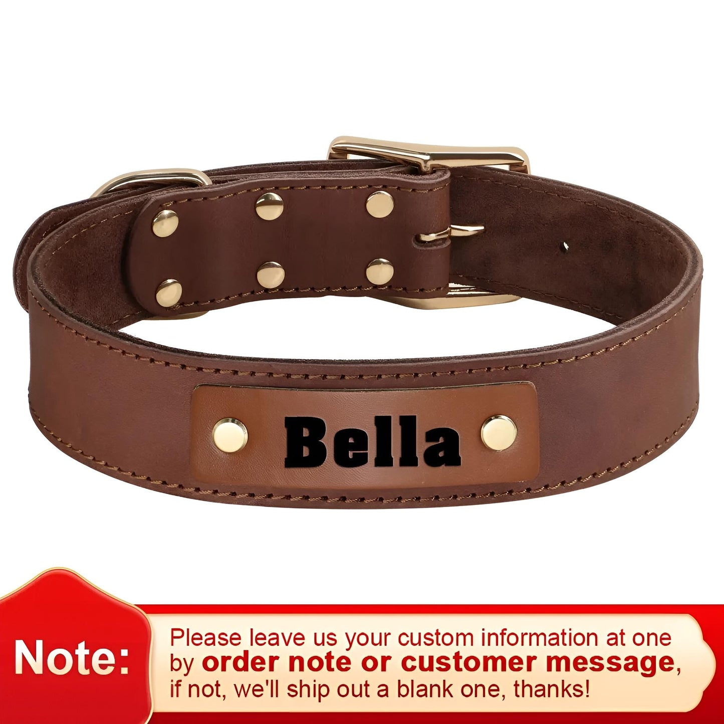 Genuine Leather Dog Collar and Tag Brown