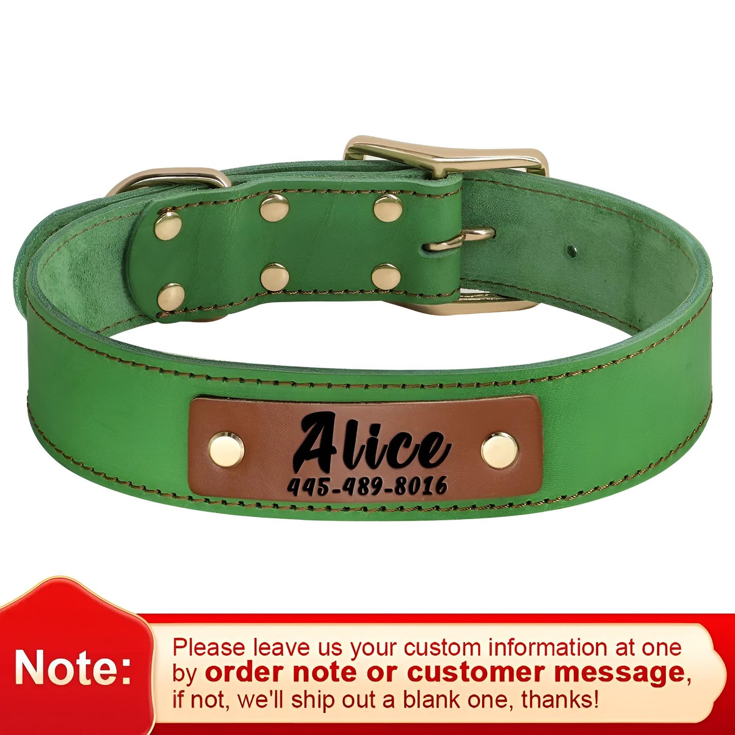 Genuine Leather Dog Collar and Tag Green