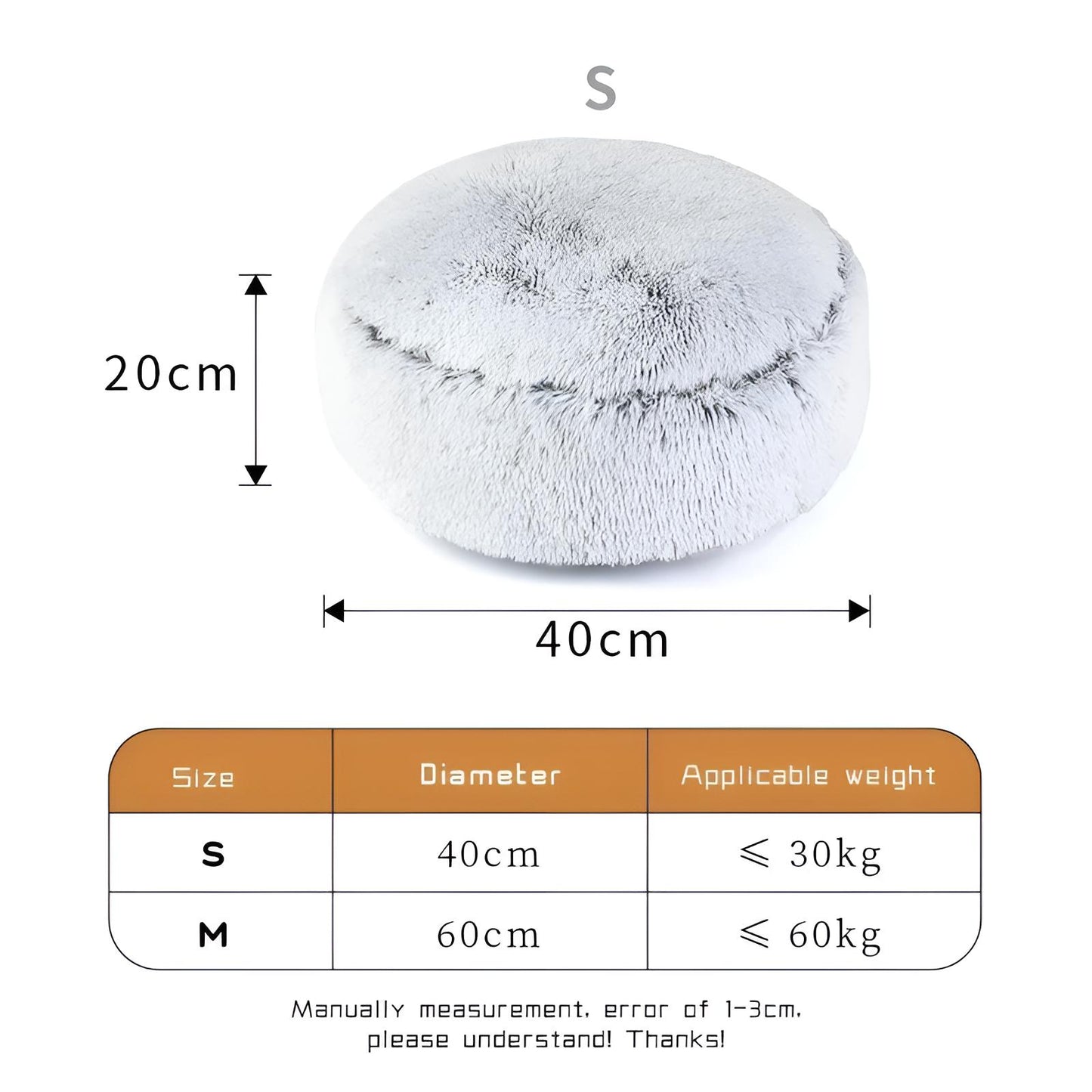 Size chart Small and medium round dog bed gradient grey