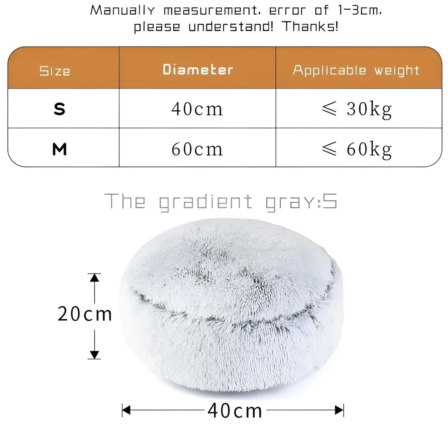Size chart round dog bed gradient grey
