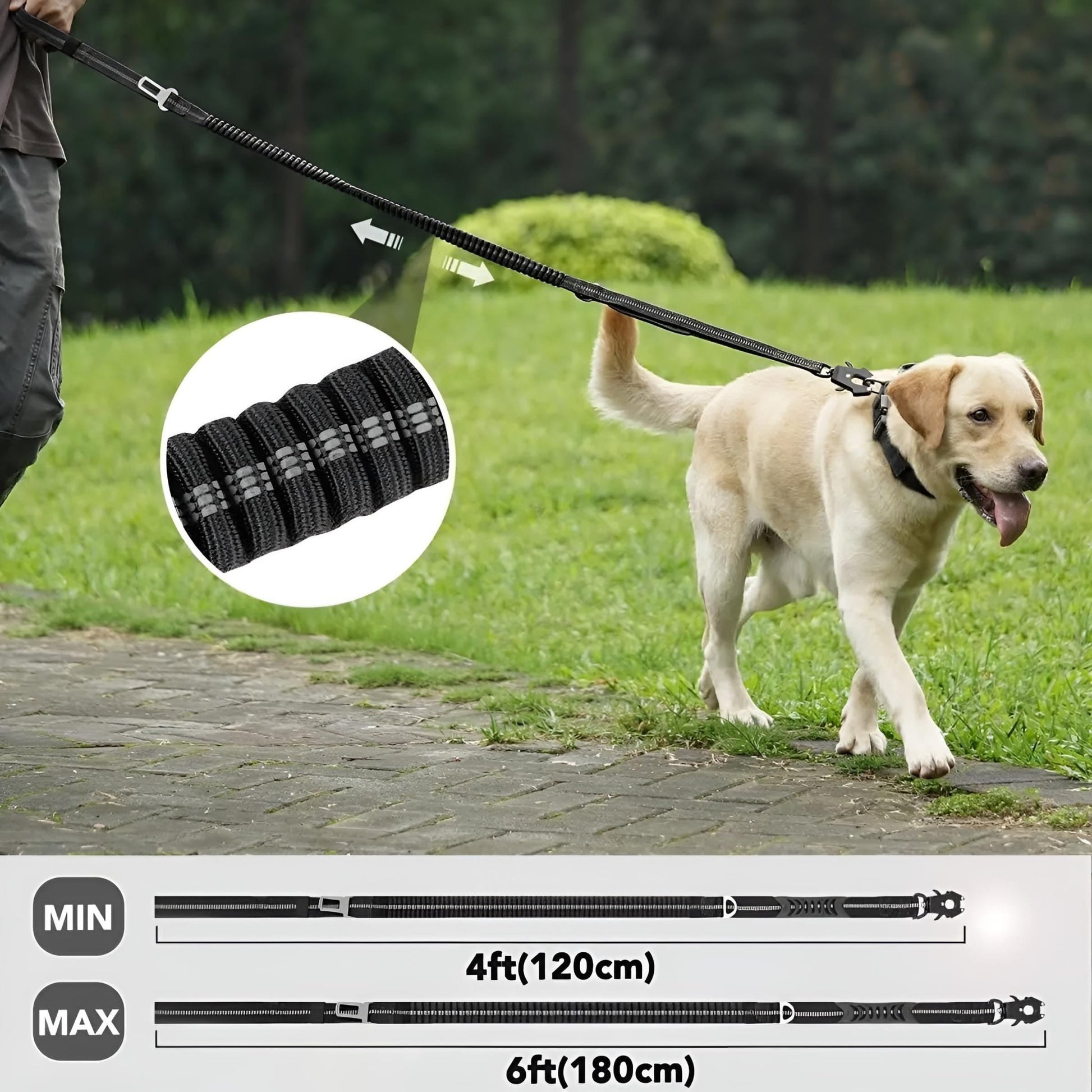 black tactical dog leash extendable from 4ft to 6ft