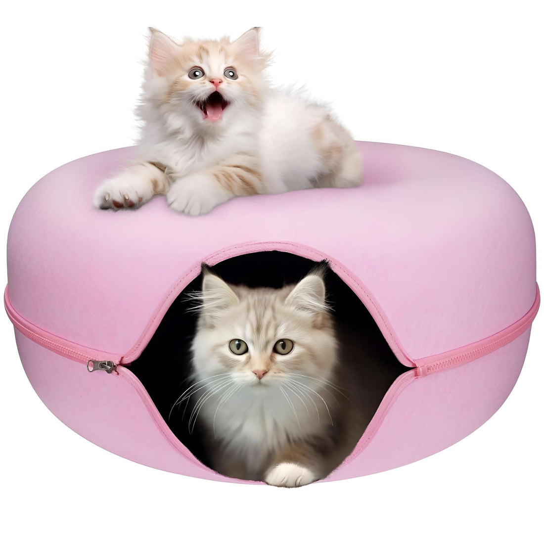 Cozy cat sleeping comfortably inside a soft, plush tunnel bed.