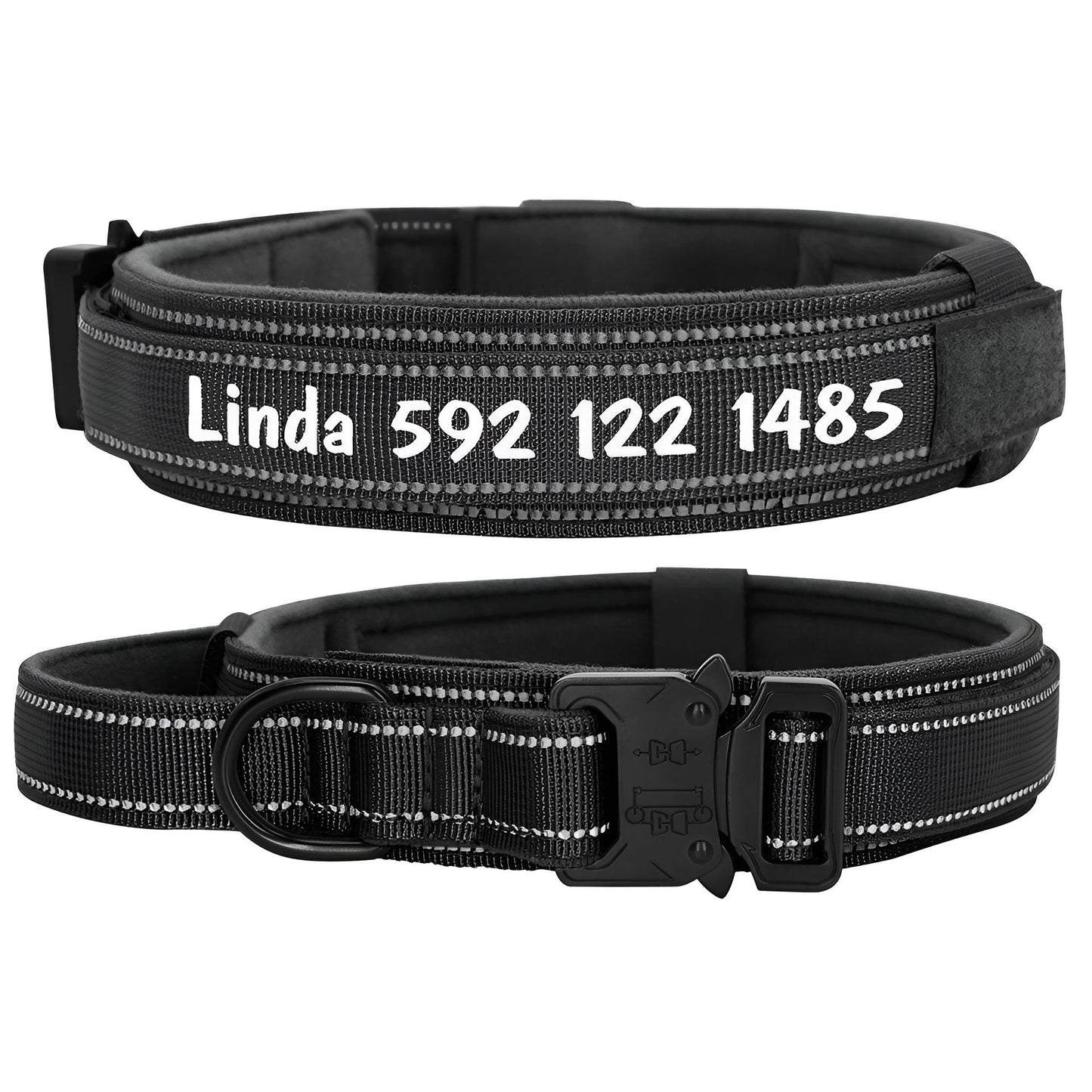 Custom Dog Collars with Reflective and Name Tag Black