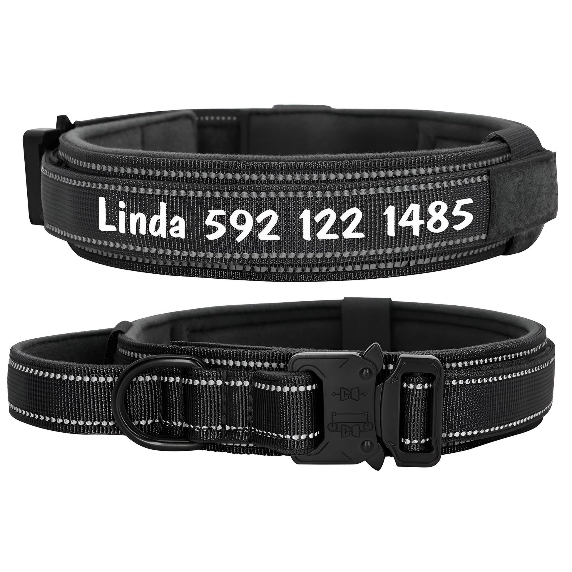 Custom Dog Collars with Reflective and Name Tag Black