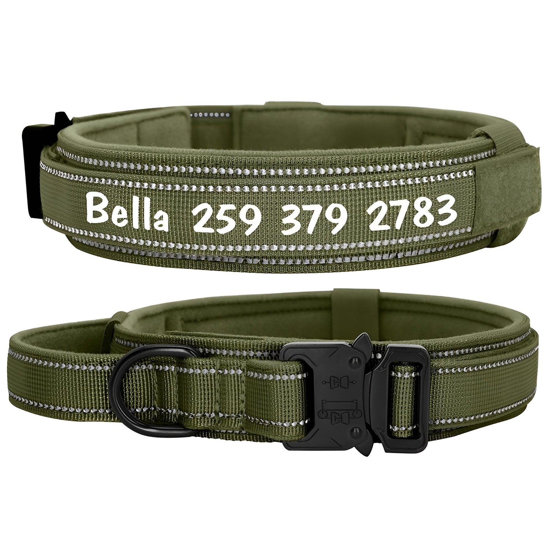Custom Dog Collars with Reflective and Name Tag Green