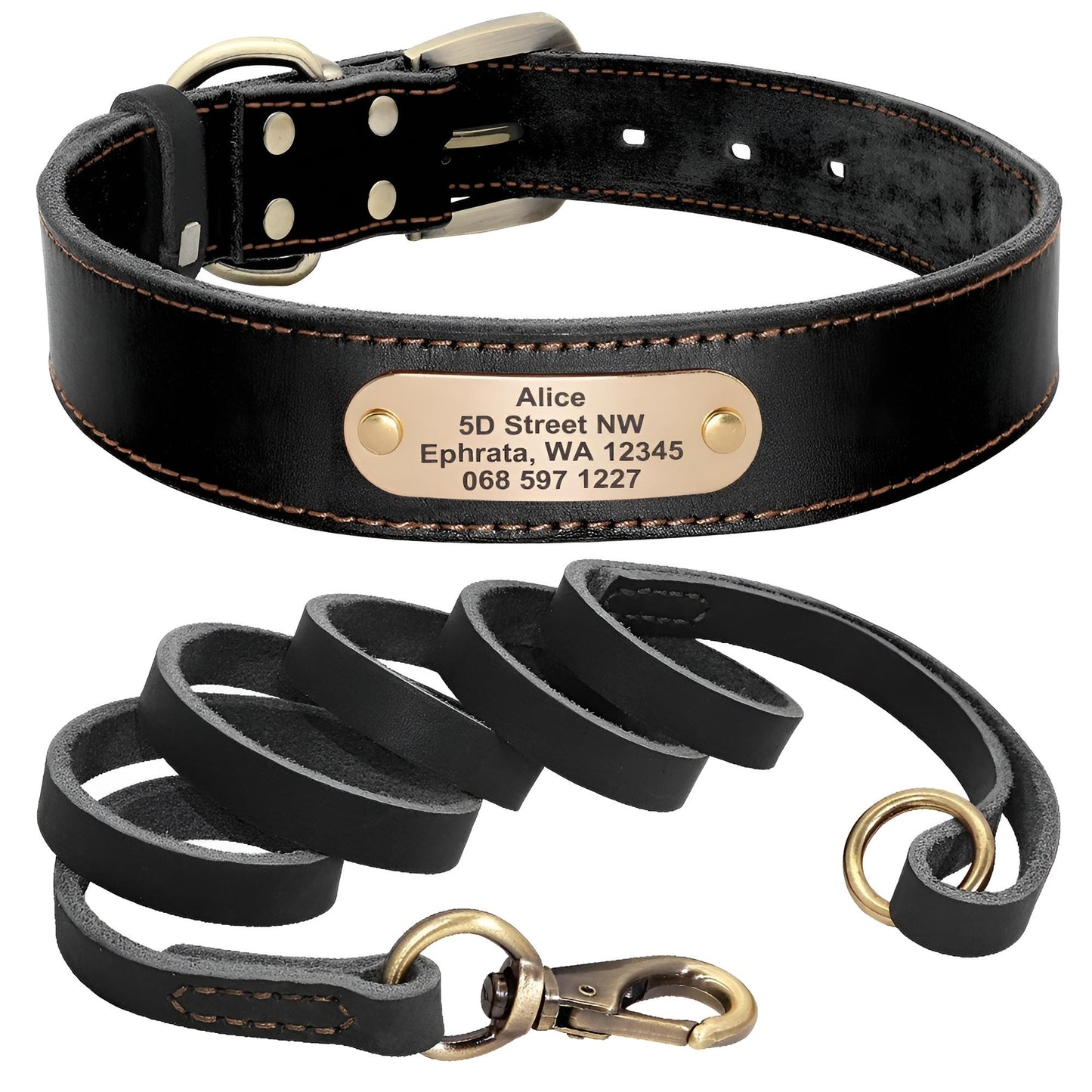 Custom Genuine Leather Dog Collar with name plate and leash black