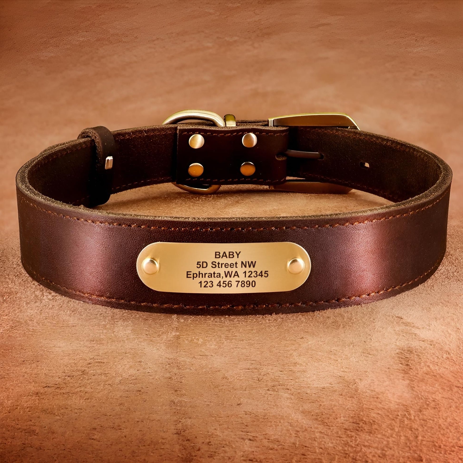 Custom Genuine Leather Dog Collar with name plate brown