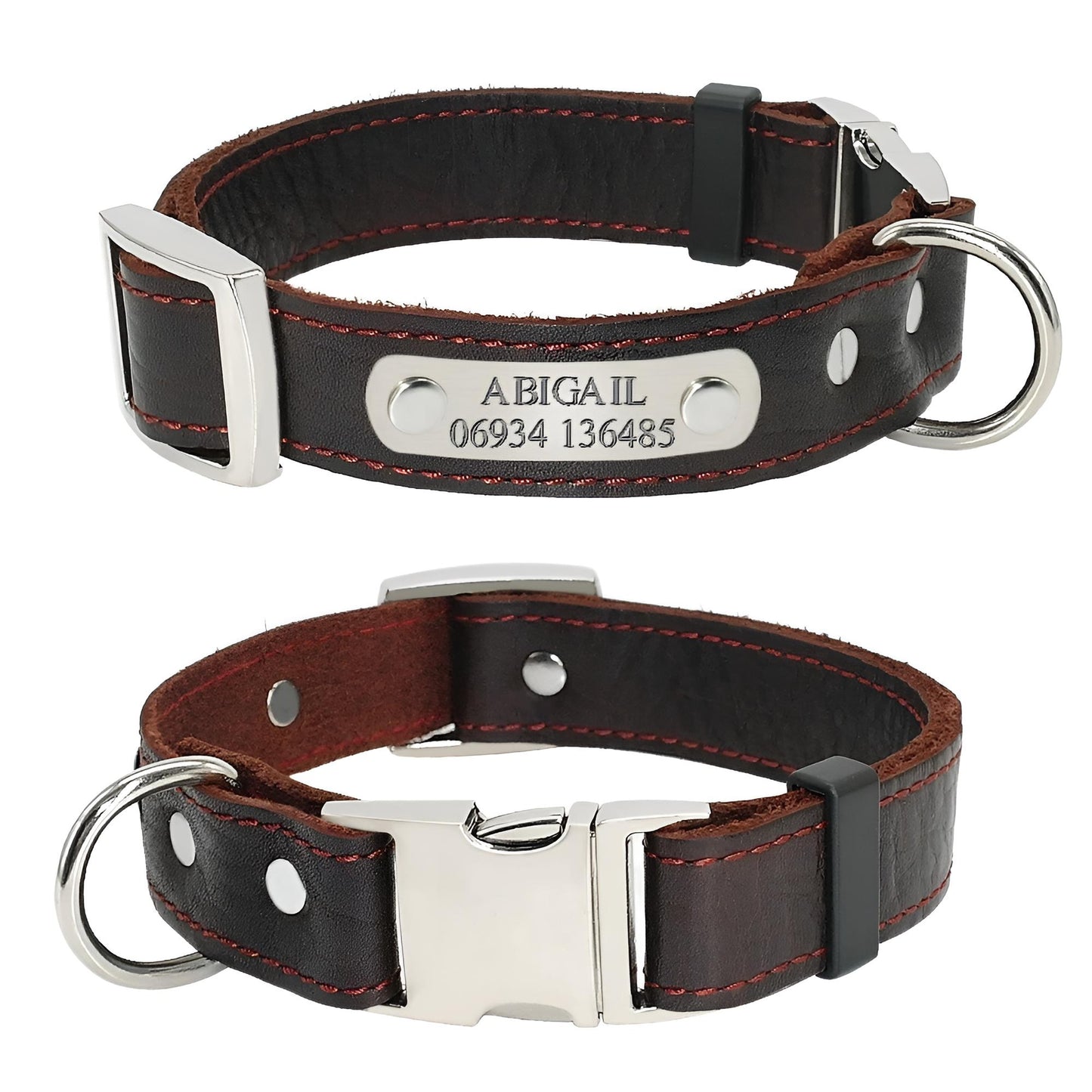 Custom Leather Dog Collars with Name Tag Brown