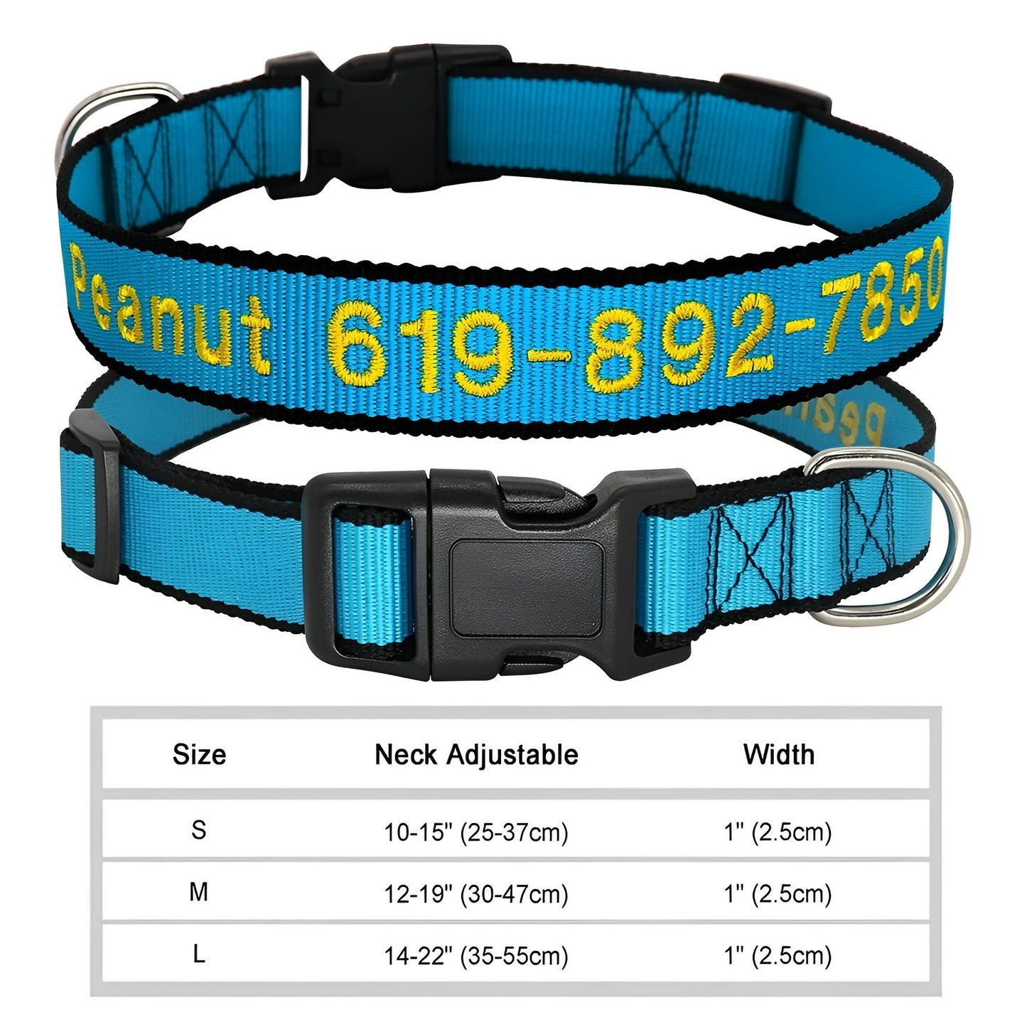 Dog Collar with Name Tag Personalized Embroidery in Nylon 037LBLUE