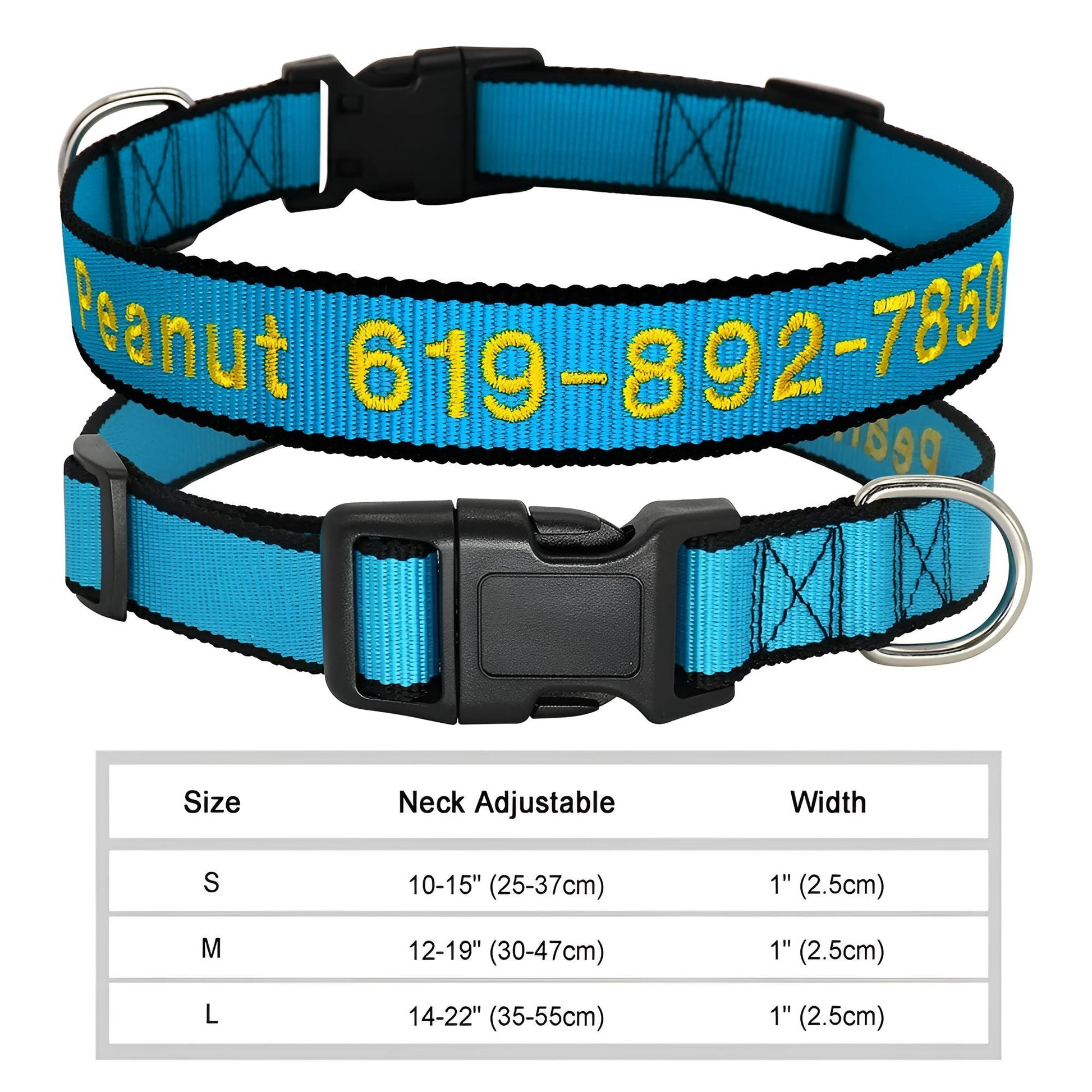 Dog Collar with Name Tag Personalized Embroidery in Nylon 037LBLUE