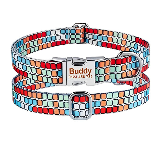Dog Collars Personalized Nylon Plaid Name ID Tag Checkered Collar