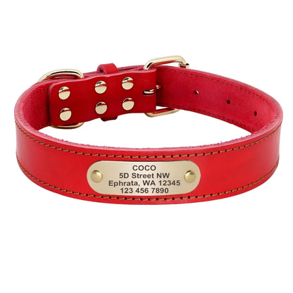 Genuine Leather Dog Collars with Name Red