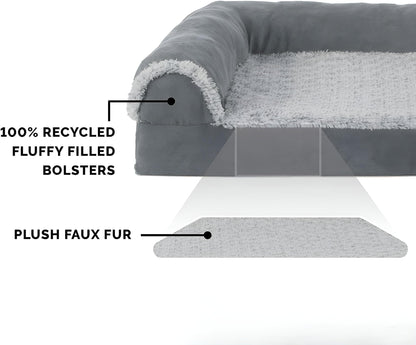 Gray Bolster Orthopedic Dog Bed  - Plush Faux fur
