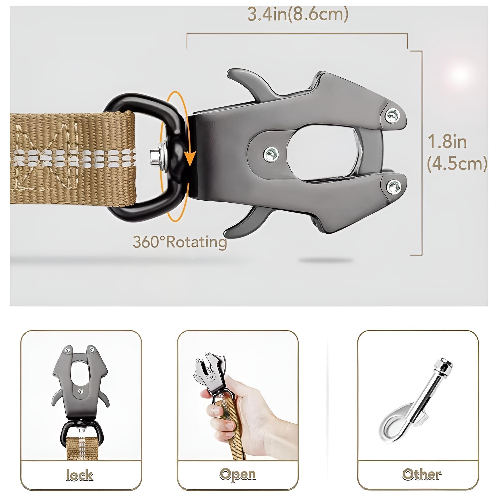 Khaki tactical dog leash frog clip can quickly release and lock while holding tight under the strong pull, 360°rotatable to prevent the dog leash from twisting and knotting