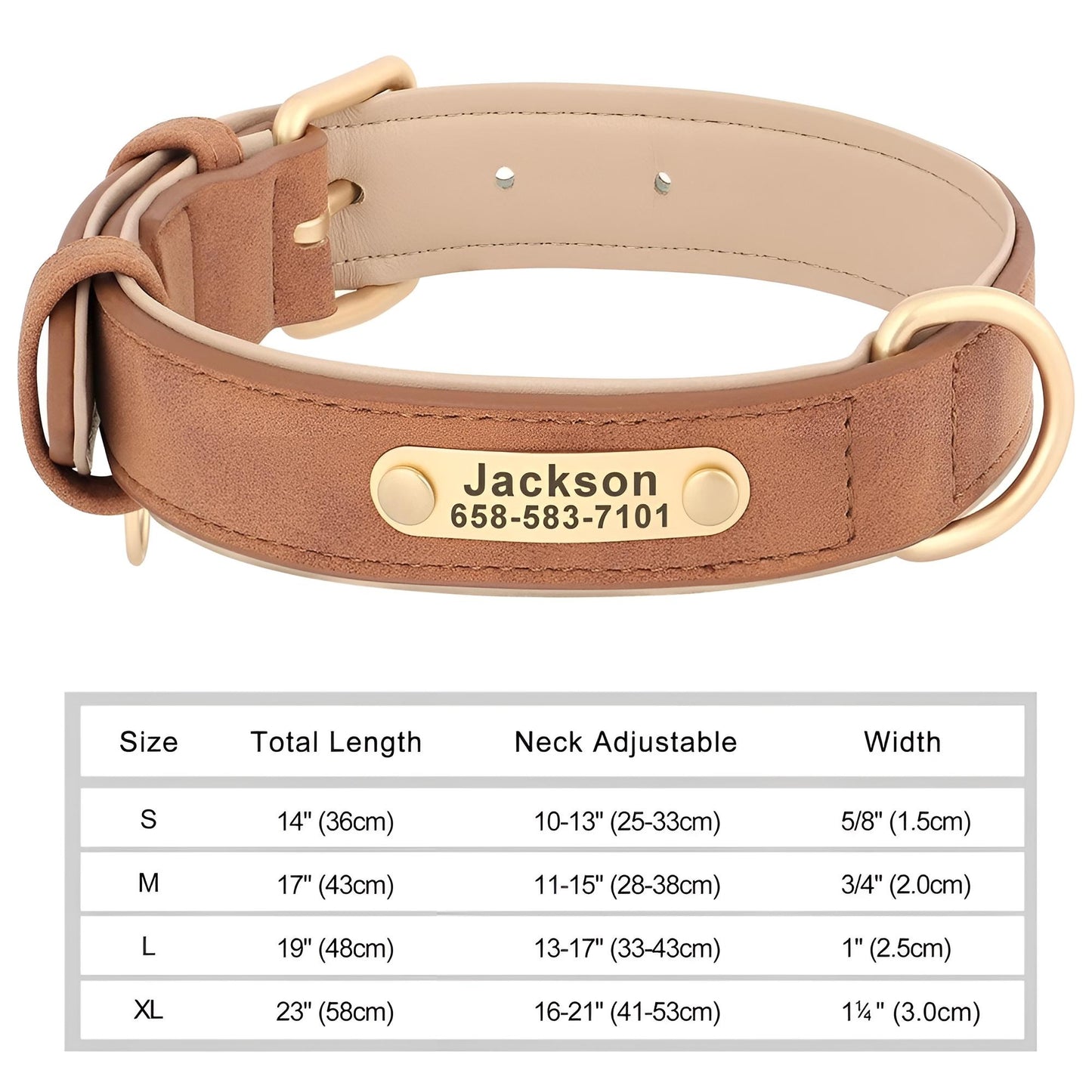 Personalized Dog Collar, Custom Engraved PU Leather Dog Collars For Small, Medium Large Dogs light brown
