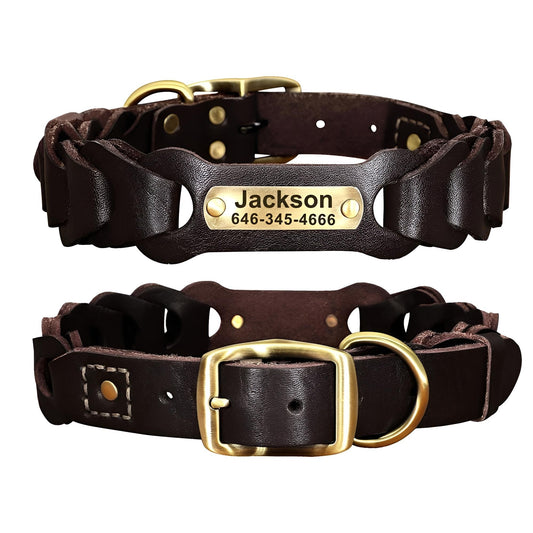 Personalized Dog Collar Genuine Leather Custom Dog Collar Brown