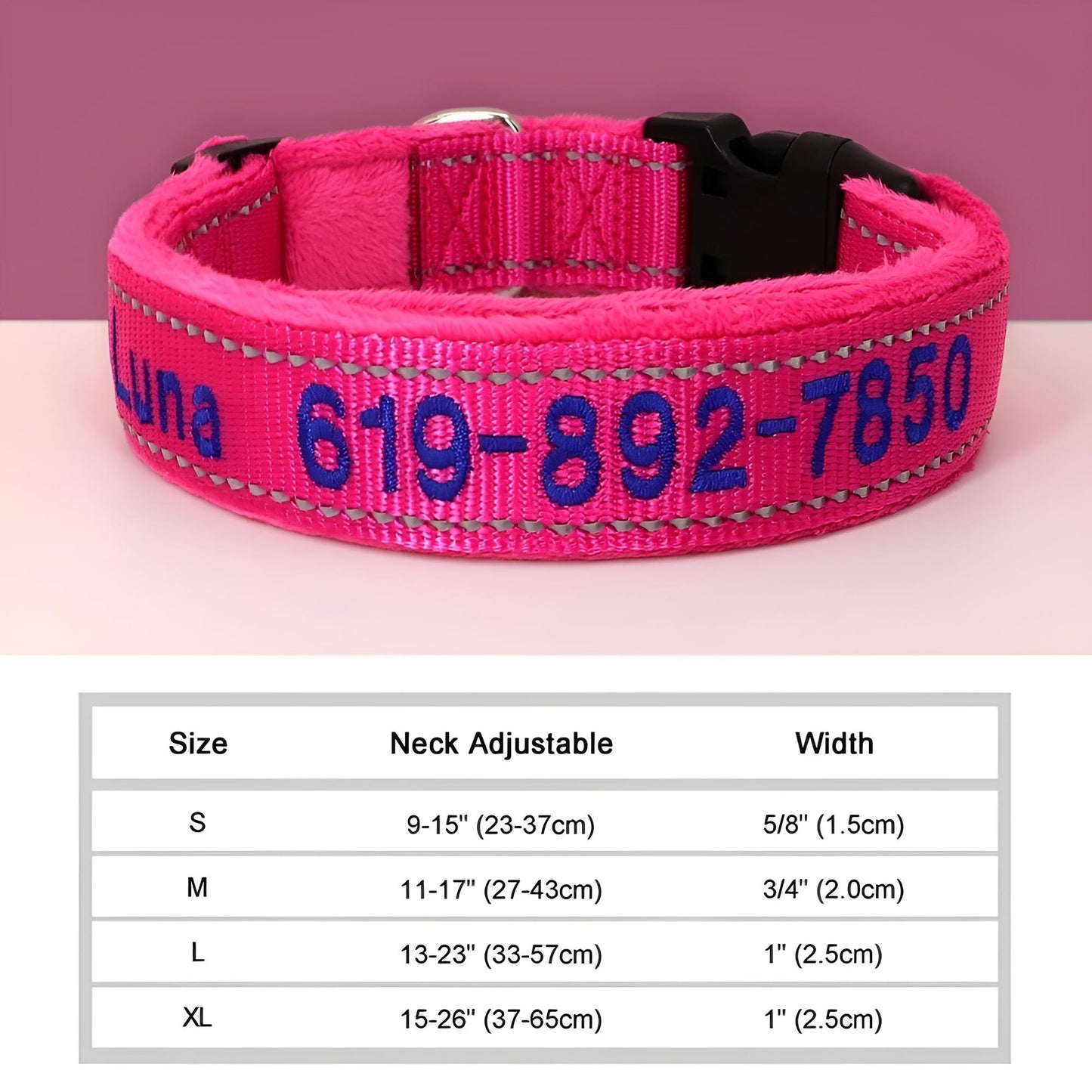 Personalized Dog Collar with Name in Reflective Nylon dark pink