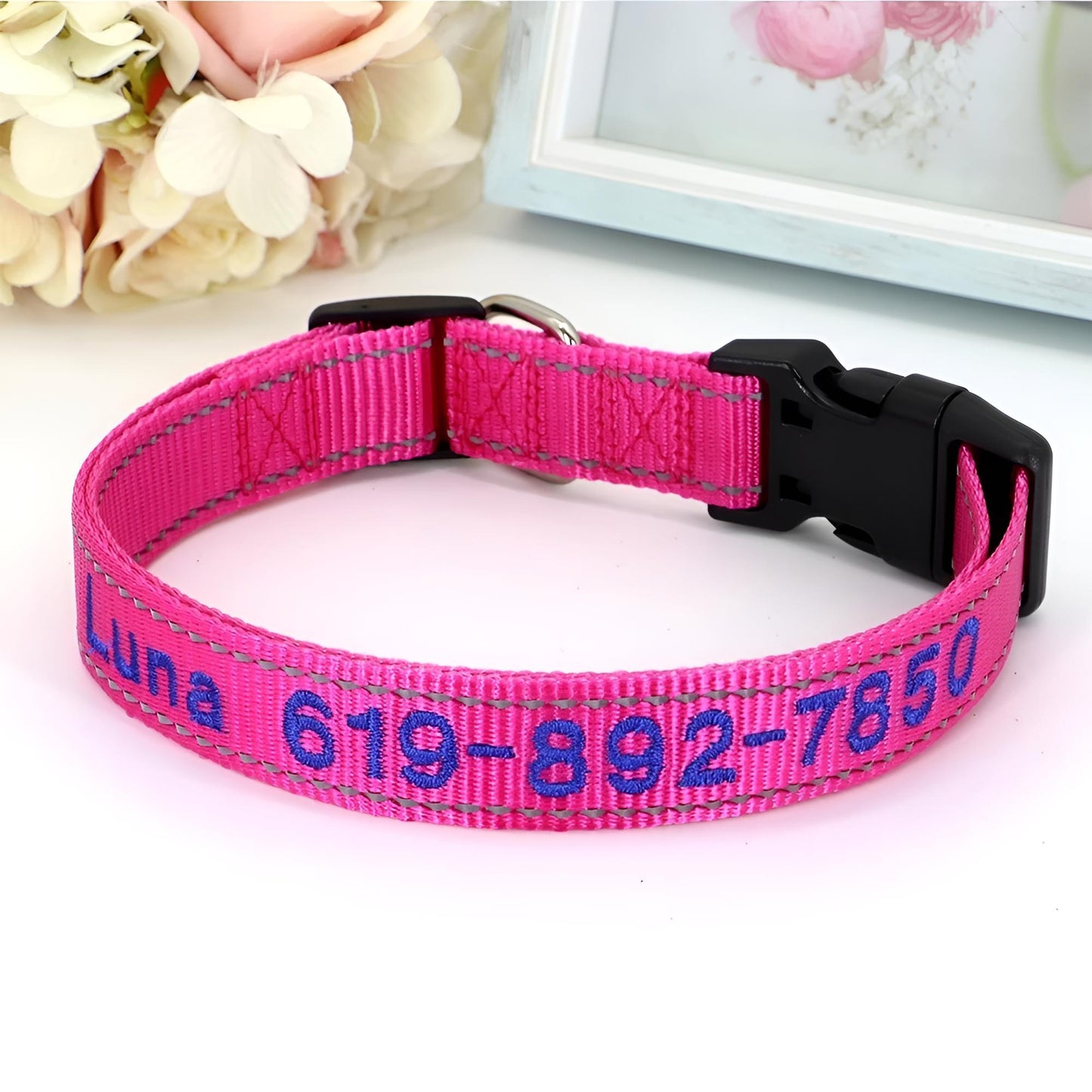 Reflective Nylon Dog ID Collar Rose