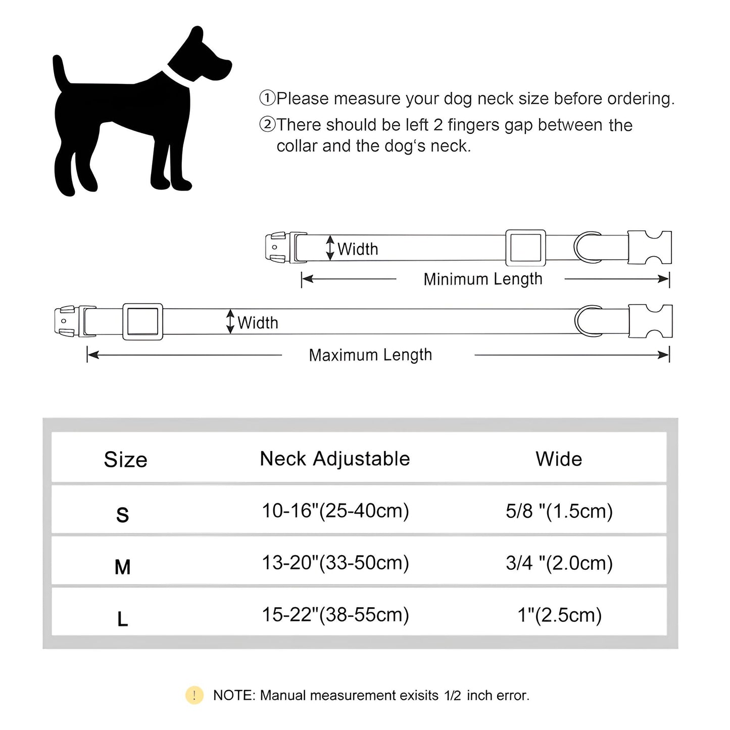 Size chart of the Customized Nylon Dog Collar With Metal Buckle