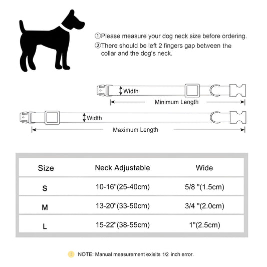 Size chart of the Customized Nylon Dog Collar With Metal Buckle