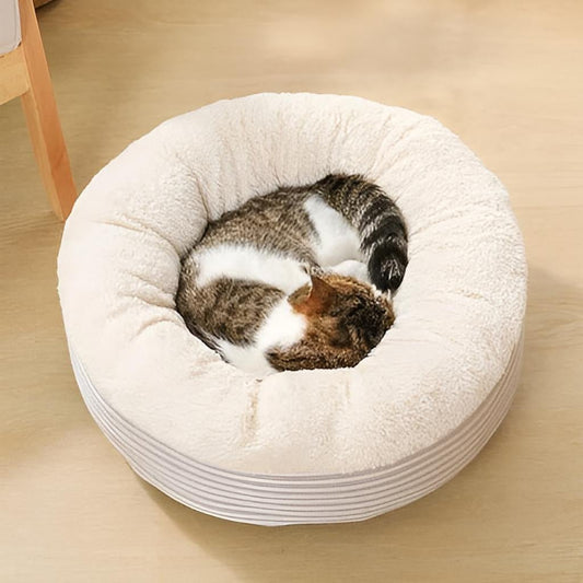 cat sleeping curled up in a round fluffy cat bed